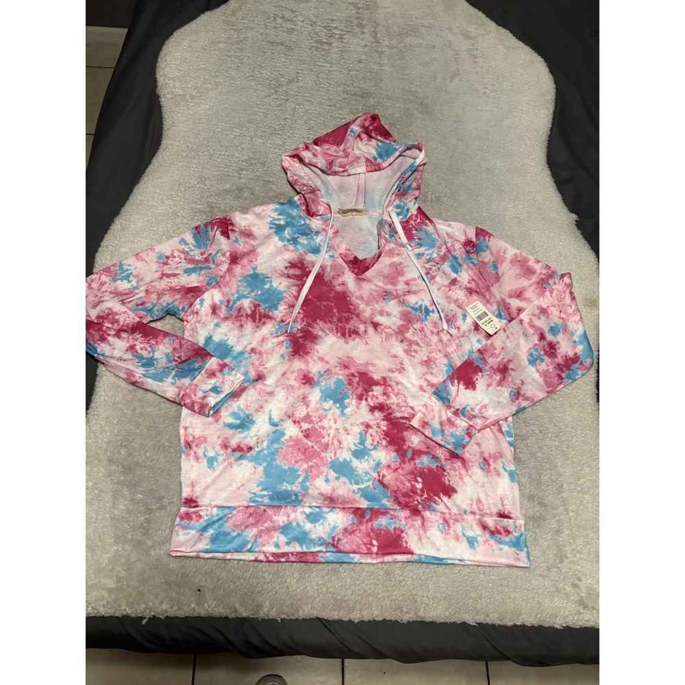 Bobbie Brooks Women Tie Dye Hoodie Sweatshirt S NWT Pink Blue V-Neck LS